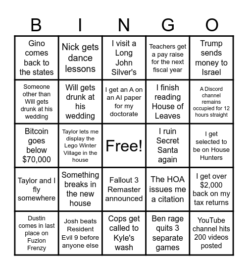 Caleb's 2026 Bingo Card Bingo Card
