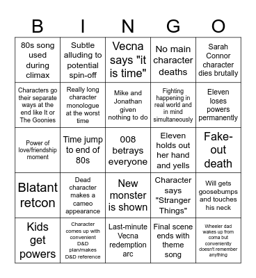 Stranger Things Bingo Card