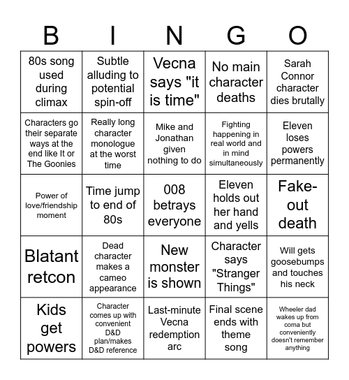 Stranger Things Bingo Card