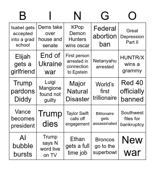 2026 Bingo Card Bingo Card