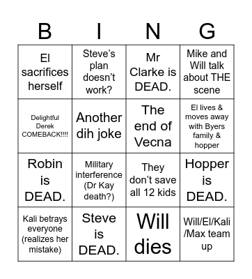 Stranger Things Finale Bingo Card