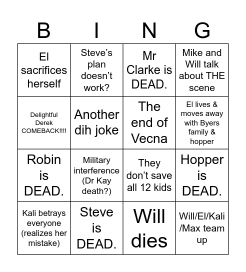 Stranger Things Finale Bingo Card
