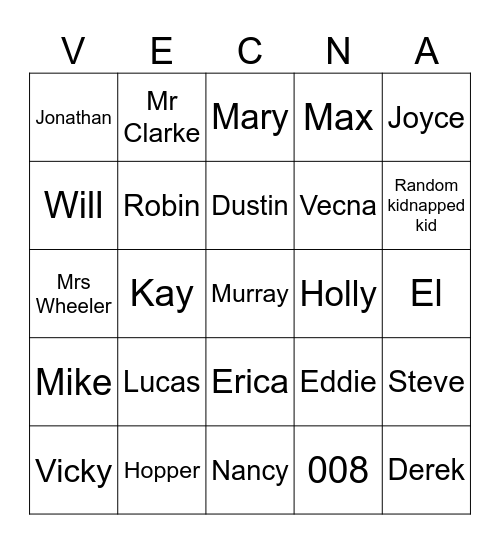 Stranger Things Deaths Bingo Card