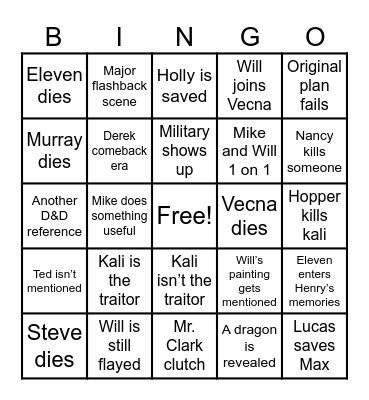 Stranger Things Finale Bingo Card