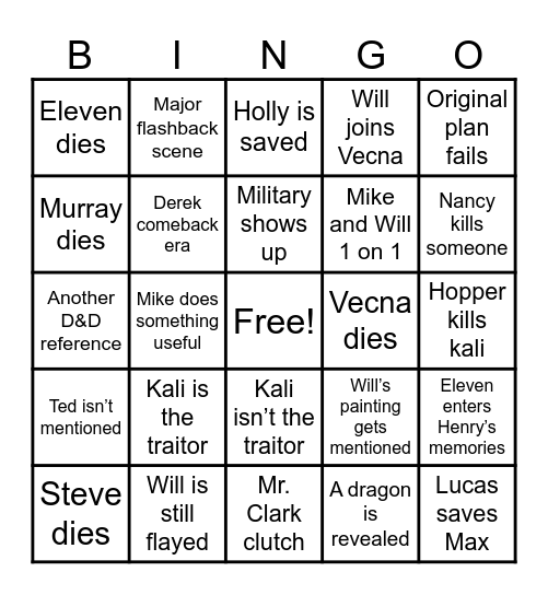 Stranger Things Finale Bingo Card