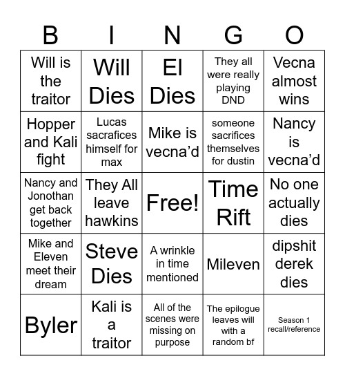 Stranger things bingo Card