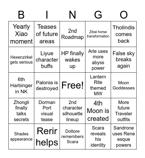 Luna 4 Bingo Card