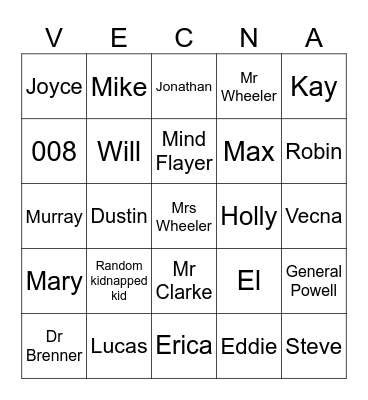 Stranger Things Deaths Bingo Card