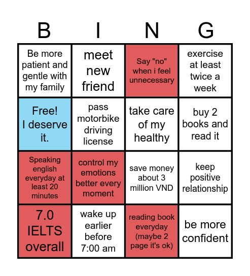 My new year goal Bingo Card