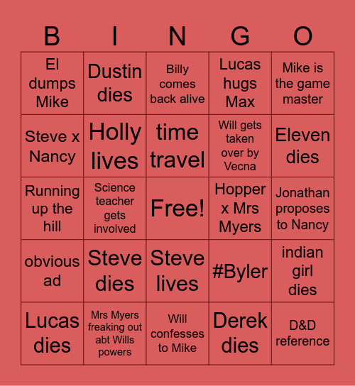 Stranger Things Finale Bingo Card