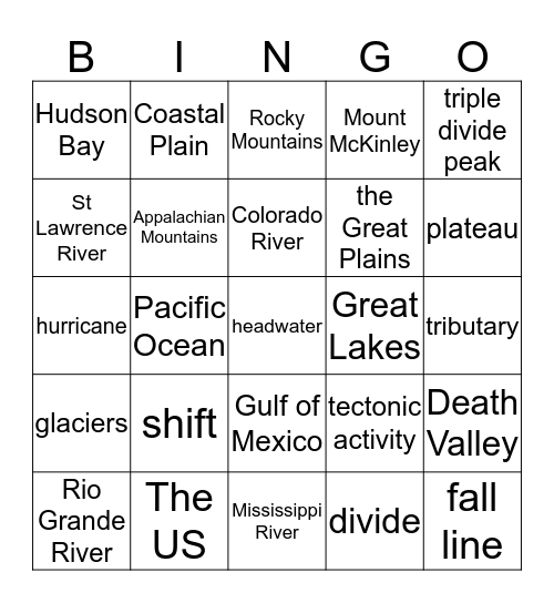 Physical Geography of North America Bingo Card