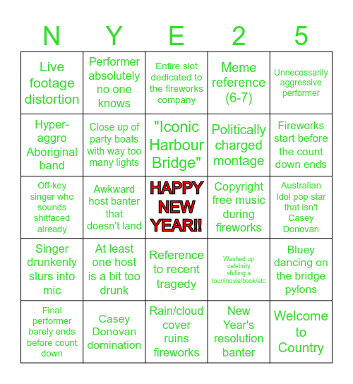 New Year's Eve Bingo 2025 Bingo Card