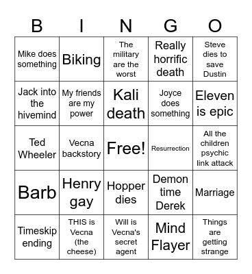 Stranger Things Bingo Card