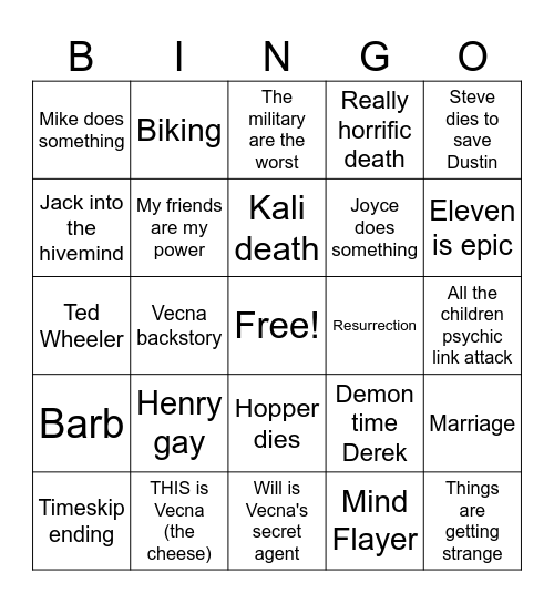 Stranger Things Bingo Card