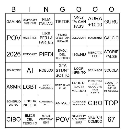 TUTTO IL 2025 NEL BINGO YT SHORT 31-12-25 Bingo Card