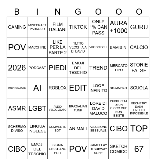 TUTTO IL 2025 NEL BINGO YT SHORT 31-12-25 Bingo Card