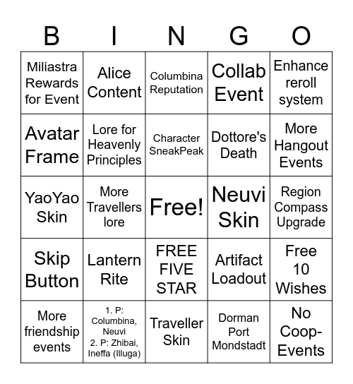 Genshin Livestream Bingo Card