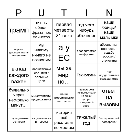Putin NY Bingo Card