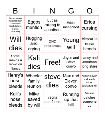 Stranger Things Finale Bingo Card