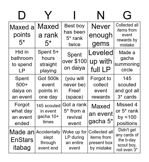 Enstars Suffering Bingo Card