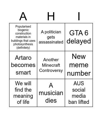 Artaro, Hamish and Izzy’s 2026 Bingo Card