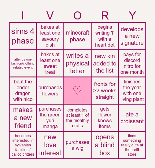 IVORY 2026 BINGO!!!! Bingo Card
