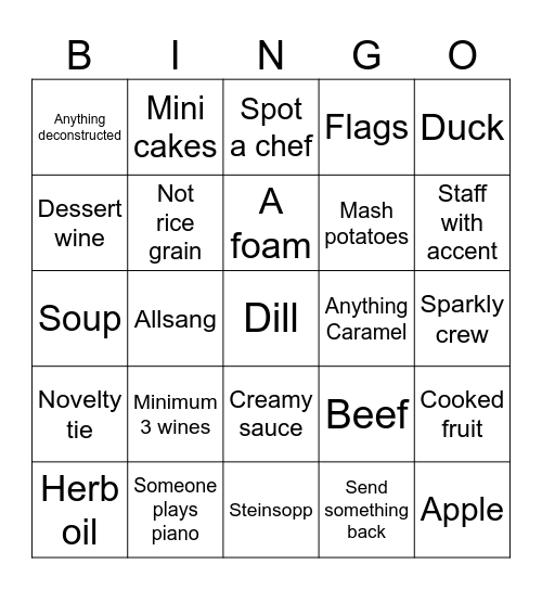 Dinner Bingo Card