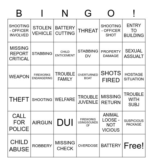 POLICE CALL TYPES-911 Bingo Card