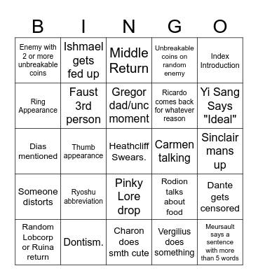 Canto 9 Bingo Card Bingo Card