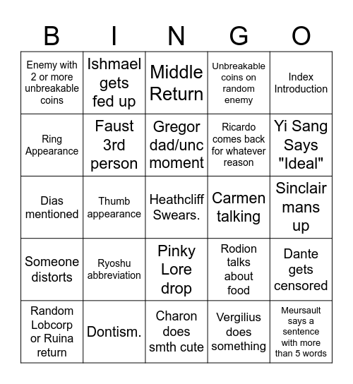 Canto 9 Bingo Card Bingo Card