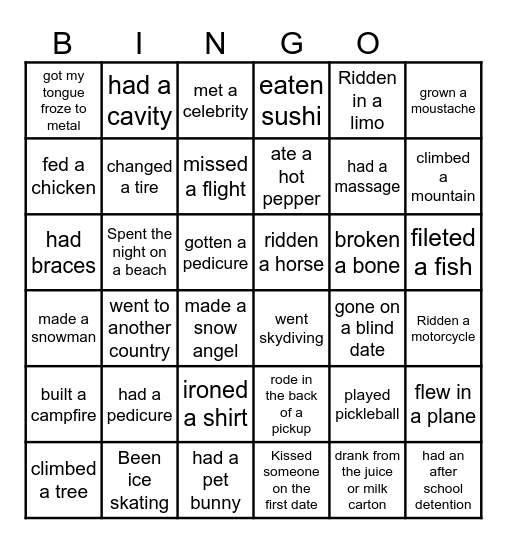 I Have....... Bingo Card