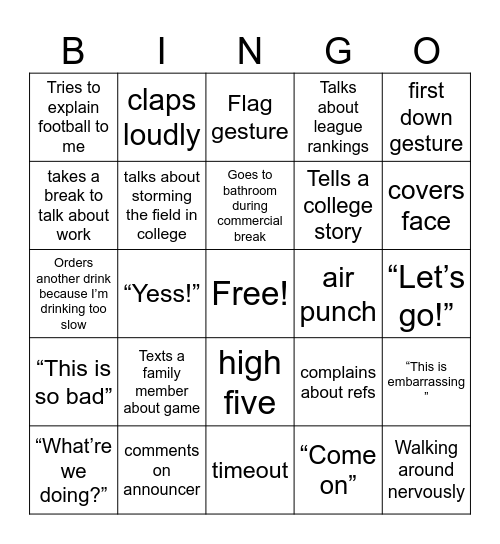 Husband watching football Bingo Card