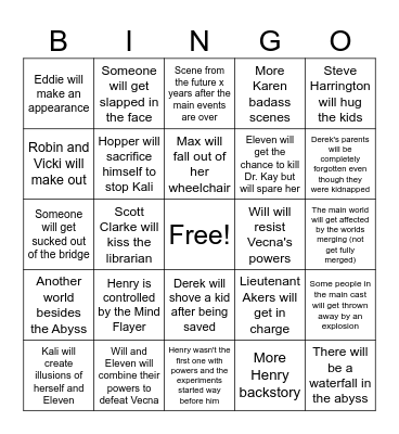 Stranger Things Finale Bingo Card