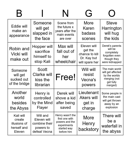 Stranger Things Finale Bingo Card