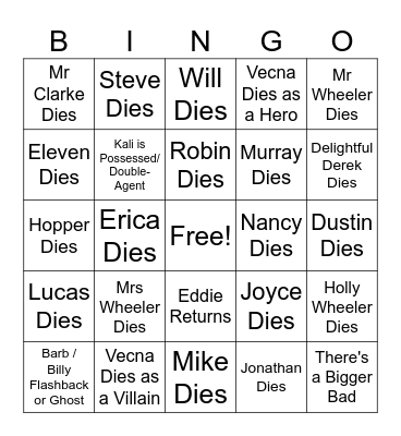 Stranger Things Finale Bingo Card