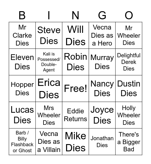Stranger Things Finale Bingo Card