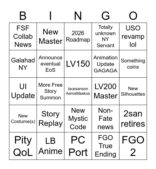 FGO New Year Bingo Card