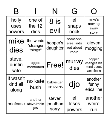 STRANGER THINGS FINALE Bingo Card