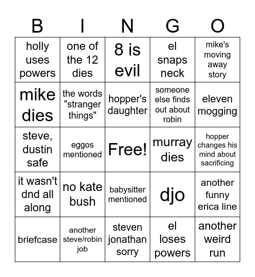 STRANGER THINGS FINALE Bingo Card