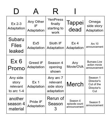 Re:ZERO Bingo Card