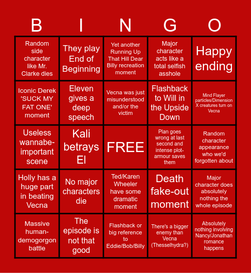 STRANGER THINGS FINALE BINGO Card