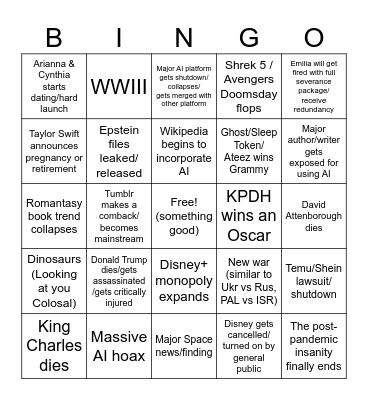 2026 Predictions Bingo Card