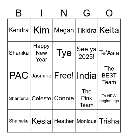 The Pink Team Bingo Card