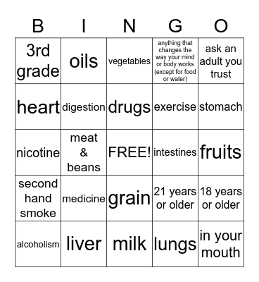 2nd Grade Healthy Bingo Card
