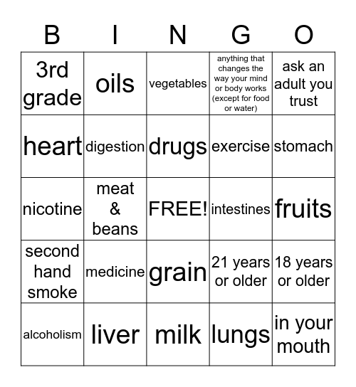 2nd Grade Healthy Bingo Card