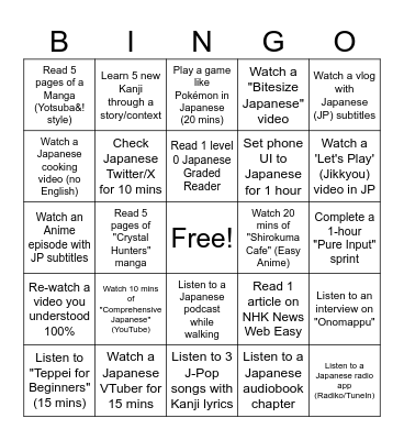 Language journey Bingo Card