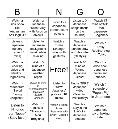 Language journey Bingo Card