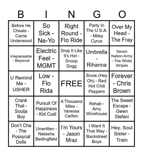 2000s Music Bingo Card