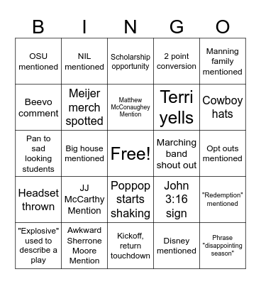 Michigan Citrus Bowl Bingo Card