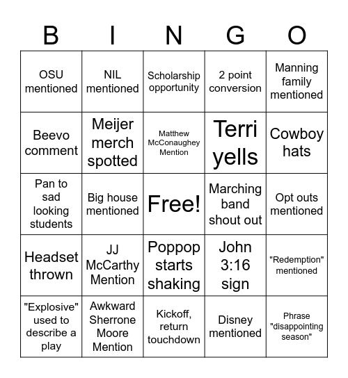 Michigan Citrus Bowl Bingo Card